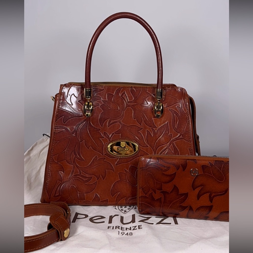 Peruzzi Embossed Brown Leather Bag & wallet set